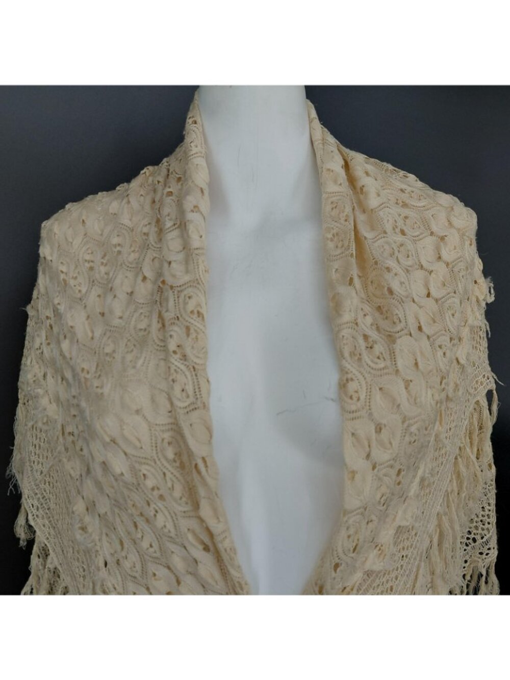 Vintage Crochet Shawl Wrap Women White Fringe Floral Boho Festival Pashmina - Picture 2 of 11